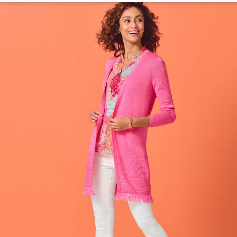 Talbots Textured Fringe Cardigan in Pink Size Small